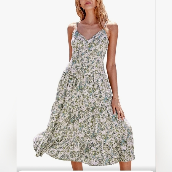 Ditsy Floral Faux Pearl Button Front Tiered Midi Dress Adjustable Straps L - Picture 2 of 8